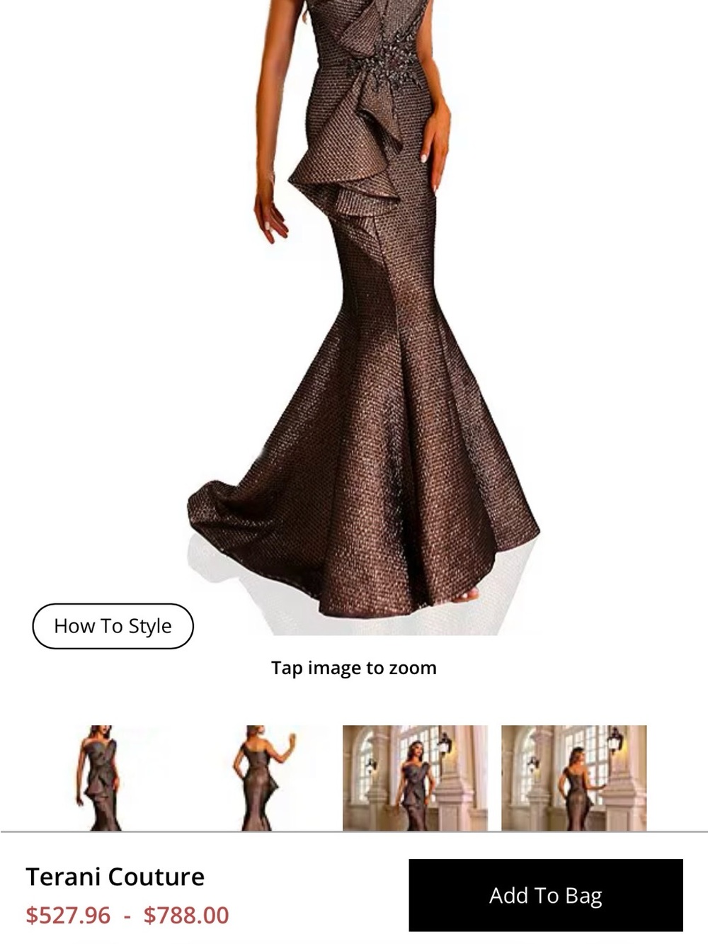 Terani Couture Metallic Bronze One-Shoulder Ruffle Evening Gown